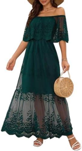 Women Off The Shoulder Floral Lace Maxi Wedding Dress Long Bell Sleeve Mermaid Gown for Formal Party 2XL Green