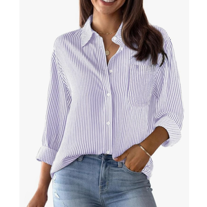 Striped Button Down Shirts for Women Cotton Dress Shirts Long Sleeve Collared Blouses Work Business Casual Tops, Size L