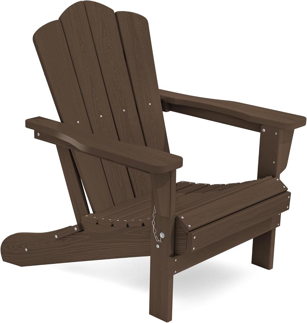 KINGYES Folding Adirondack Chair, HDPE All-Weather Patio Chairs, Wooden Textured Lawn Chair for Poolside, Backyard, Deck, Fire Pit, Coffee