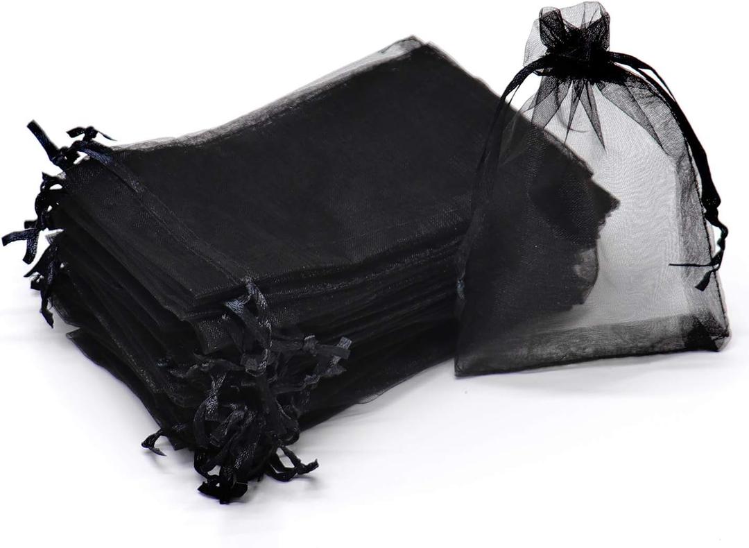 100Pcs Black Organza Bags 7x9 inch, Large Halloween Mesh Bags Drawstring Jewelry Gift Pouches Valentine Wedding Party Favor Bag