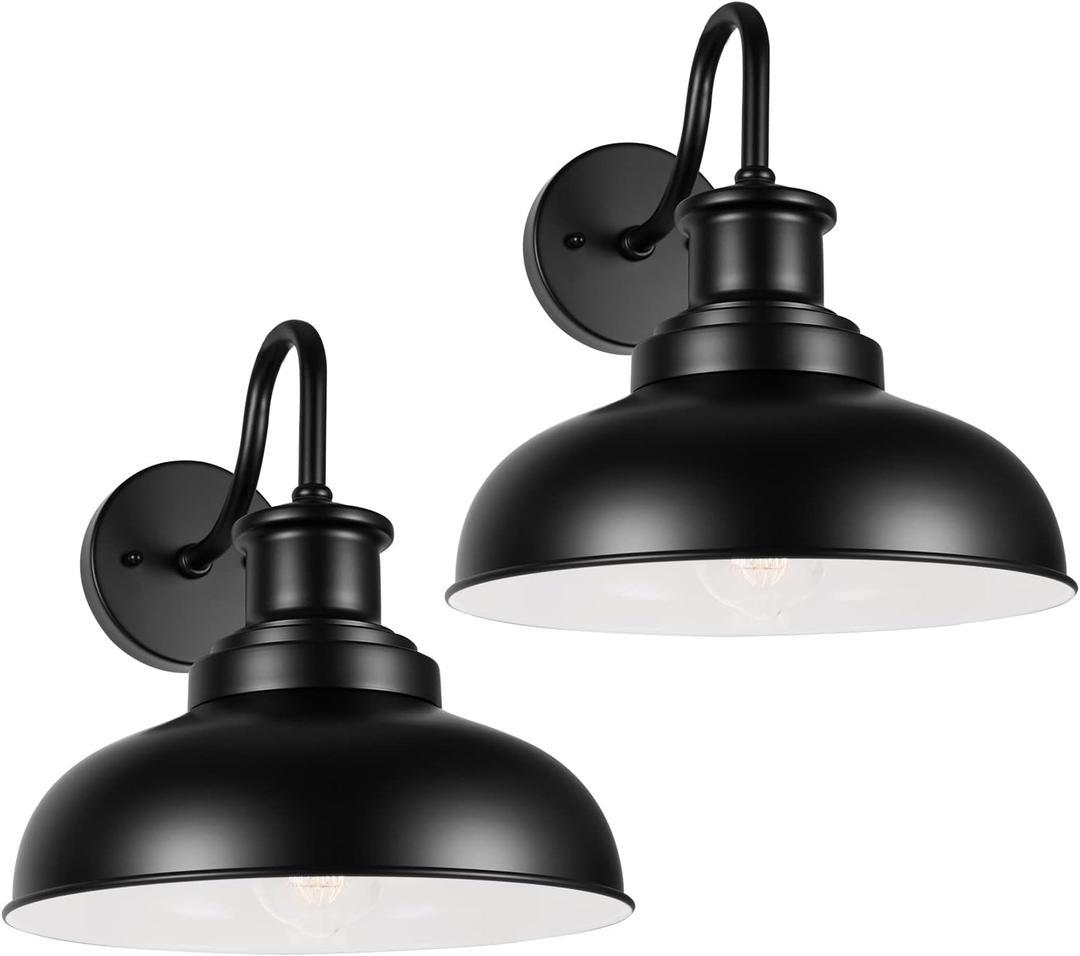 Outdoor Gooseneck Barn Light Outdoor Wall Sconce Farmhouse Exterior Wall Mount Light Vintage Outside Wall Lighting Fixture Industrial Black White Lantern for Porch, Entryway, Garage, 2 Pack (02RZ007-2 PACK(Not Dusk to Dawn)