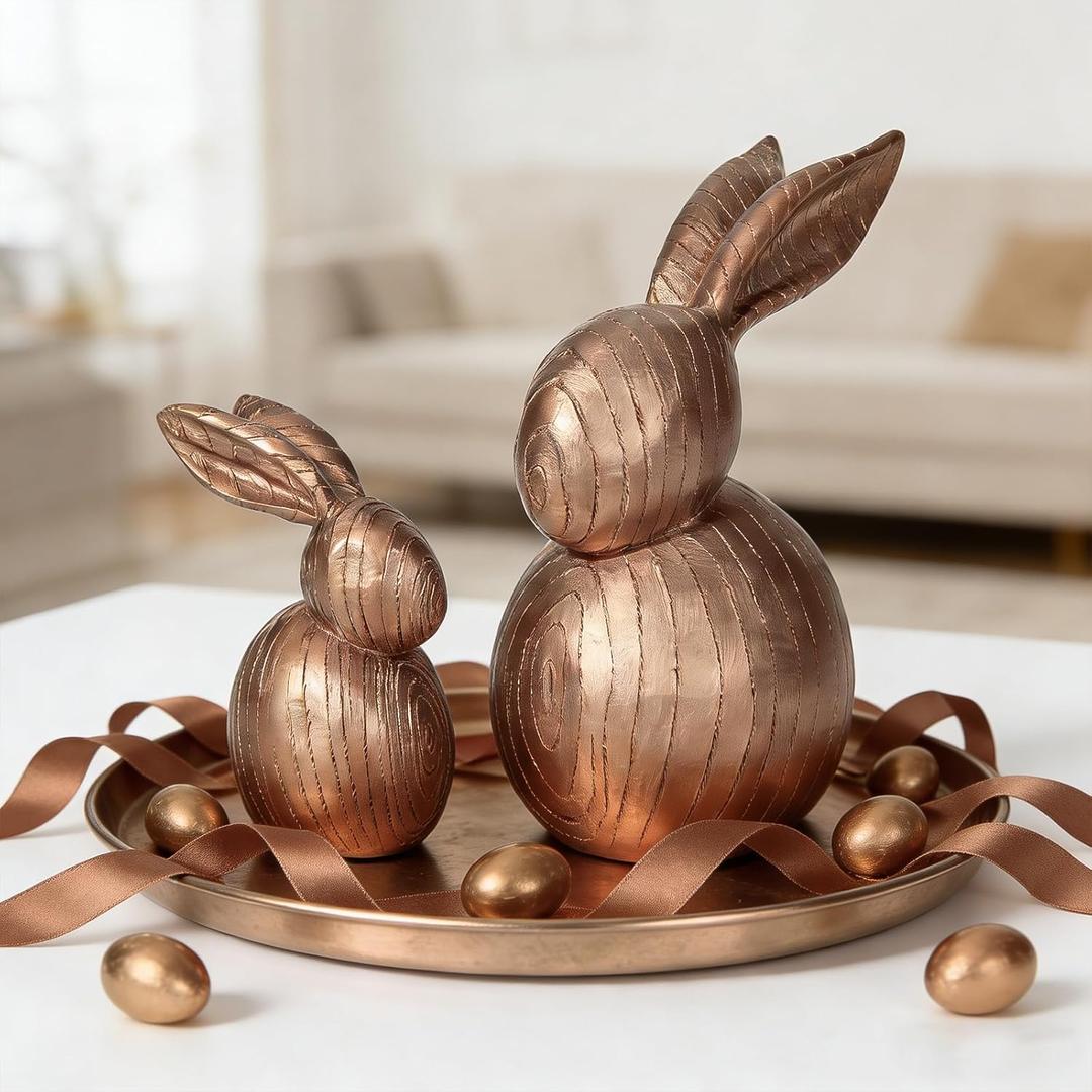 DN DECONATION Easter Decorations Bunny Figurines Set of 2 - Rabbit Statues Wood Texture Farmhouse Spring Home Decor, Gold Resin Easter Tabletop Modern Decor for Shelf, Mantel, Coffee Table