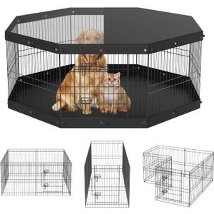 VEVOR Foldable Metal Dog Exercise Pen, Pet Playpen Dog Fence for Camping with Top Cover and Bottom Pad, 24" H 8 Panels, Puppy Crate Kennel Indoor Outdoor for Medium Dogs, Both for Home&Yard
