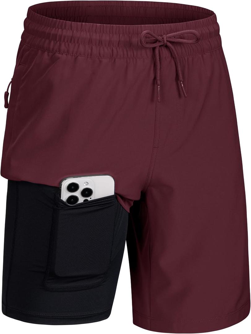 MAGCOMSEN Men's Swim Trunks with Compression Liner 9" Quick Dry Beach Shorts with Zipper Pockets (32, Wine Red)