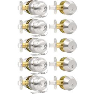 5 Pack Front Door Lock Set, Keyed Alike Exterior Door Lock Set with Deadbolt, Single Cylinder Deadbolt Lock and Entry Door Knob Set,Round Ball Brushed Nickel Door Knobs with Lock and Keys