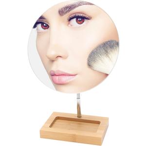 YEAKE Flexible Gooseneck Bamboo Vanity Makeup Mirror,360Rotation 8" Large Frameless Vanity Mirror Folding Portable Table Desk Mirror with Stand Bathroom Shaving Make Up Mirrors Round