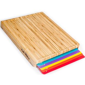 Cooler Kitchen Bamboo Cutting Board Set with 6 Color Coded Flexible Plastic Mats with Food Icons, Labeled Cutting Boards for Kitchen with Holder - BPA-Free Wooden, Dishwasher Safe, Large