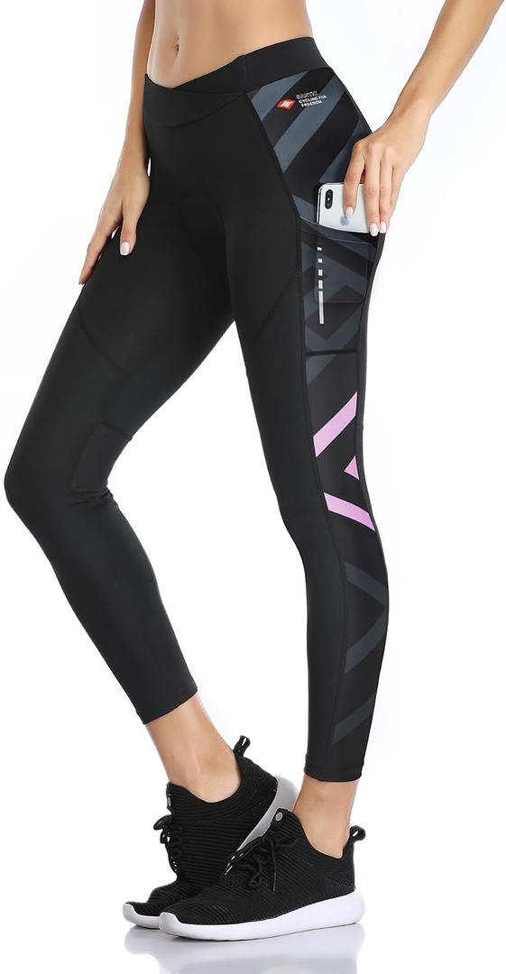 Santic Women's Cycling Pants High Waist 4D Padded Cycling Capris Shorts 3/4 Biking Tights Pockets (Black, M)