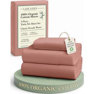 LANE LINEN 100% Organic Cotton Twin XL Sheets Set, 3-Piece Pure Organic Cotton Percale Sheets, Cotton Bedsheets, Ultra Soft Bedding Sheets, Breathable, Fits Mattress Upto 15" Deep - Rose Dawn