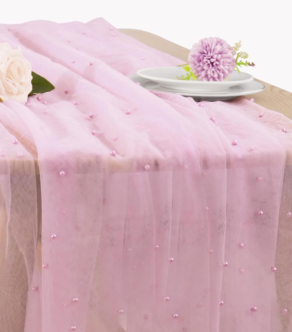 Pearl Table Runner 29 x 120 Inch Tulle Fabric Lace Table Runners for Bridal Shower Birthday Party Wedding Arch Dessert Table Decor(1 Pack, Pink)