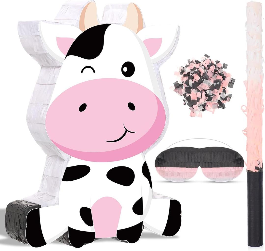 Aoriher Cow Piata with Blindfold and Bat, Farm Animal Theme Birthday Party Supplies Cow Piata for Birthday Party Favors Decor, 16 x 12 x 3.2 Inch