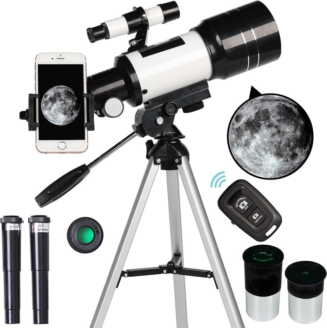 Telescope for Adults & Kids, 70mm Aperture Refractor (15X-150X) Portable Travel Telescope with Phone Adapter & Wireless Remote, Astronomy Beginners Gifts, Black