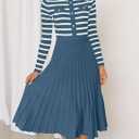 ZESICA Womens Long Sleeve Striped Midi Dresses Crewneck Button Ribbed Knit Pleated A Line Swing Sweater Dress (M)