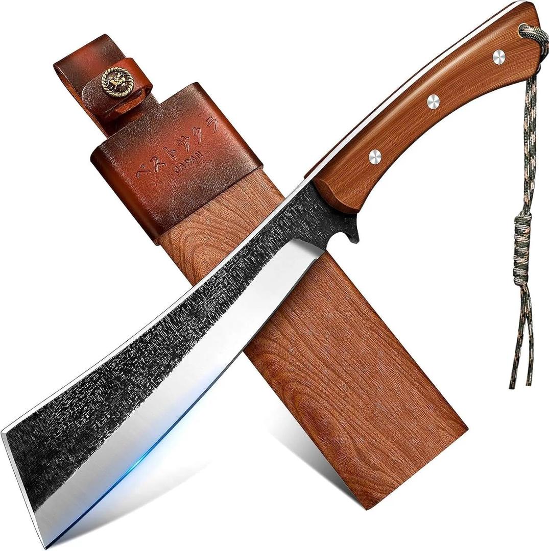 Japanese Style High Carbon Steel Machete with Red Sandalwood Ergonomic Full Tang Handle and Wood-Leather Sheath, for Camping, Hiking, Yard Work, and Survival, for Men Women