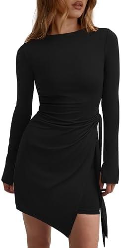 PRETTYGARDEN Women 2025 Mini Bodycon Dresses Long Sleeve Ruched Fitted Short Night Out Trendy Party Club Outfits Fall Clothes,Black, M