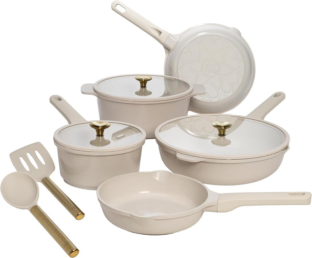 Paris Hilton Ceramic Nonstick Cookware Set, Cast Aluminum with Dual Layer Nonstick Coating, Gold Heart Knobs, Stay-Cool Handles, Made without PFAS, PFOA, PFOS & PTFE, Dishwasher Safe, 10-Piece, Cream