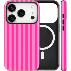 Magnetic for iPhone 17 Pro Case Cute Stripes Phone Case, Shockproof Slim TPU and Hard PC Protective Phone Cover Compatible with MagSafe Designed for Women Girls, Deep Pink