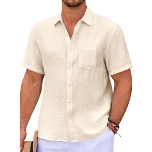 Runcati Mens Casual Shirts Button Down Short Sleeve Lightweight Linen Shirt Summer Beach Tops with Pocket (X-Large, Beige)
