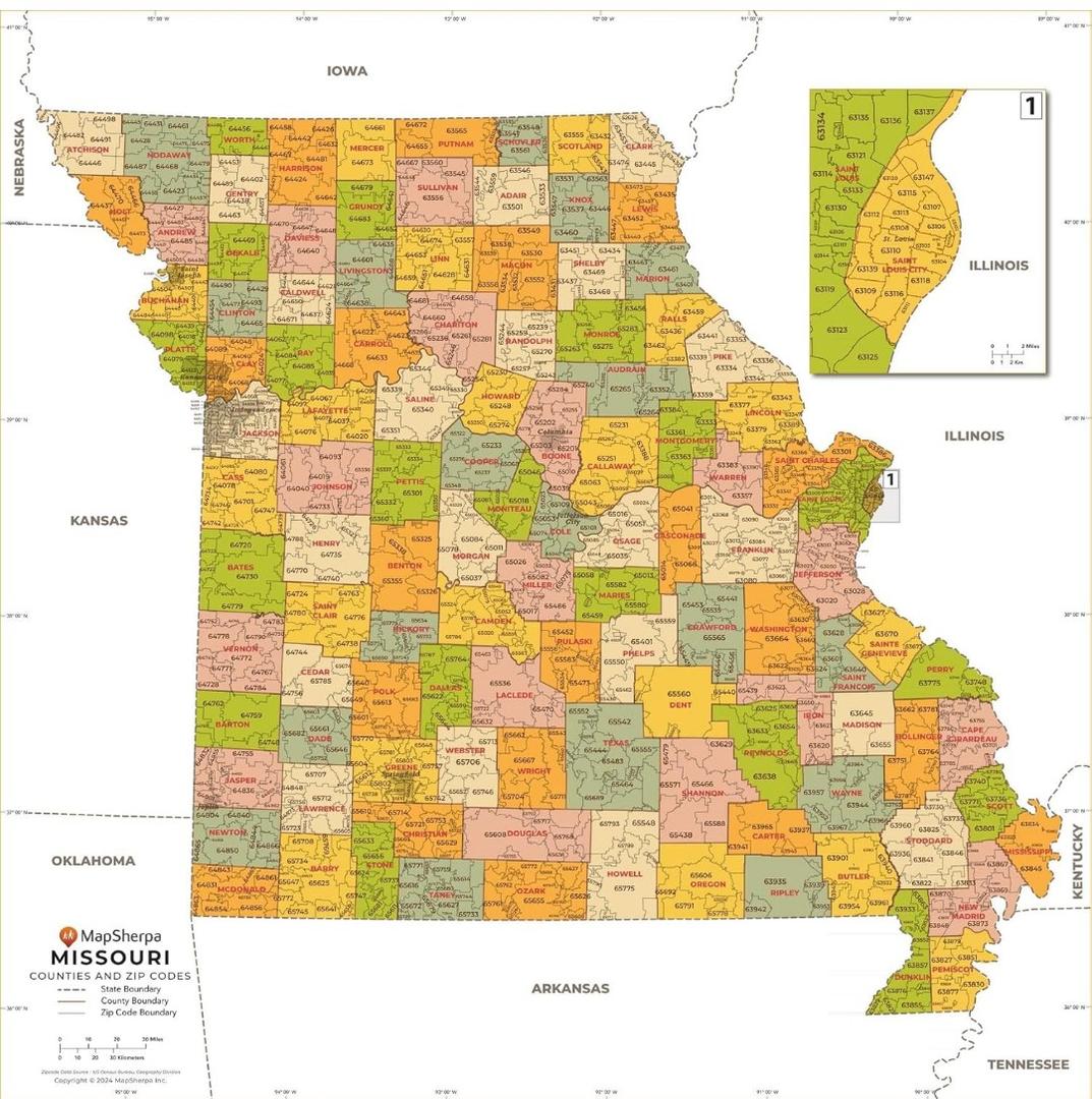 Missouri ZIP Code Map with Counties - Standard - 36 x 36 inch Poster - Front Lamination
