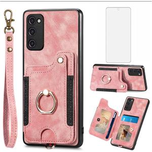 Phone Case for Samsung Galaxy S20 FE 5G 6.5 inch Wallet Cover with Screen Protector Wrist Strap Lanyard RFID Card Holder Ring Stand S 20 EF UW S20FE5G S20FE 20S S2O Fan Edition 4G G5 Women Men Pink