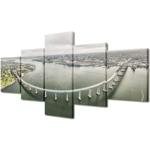 5 Panel San Diego City Wall Art Coronado Bridge Wall Art Steel Girder Bridge Skyline Modern Landscape Artwork Canvas Prints Bridge Pictures on Canvas Wall Art for Home Decor Wall Decor - 50"Wx24"H (50 in x 24 in (W x H), Artwork-11)