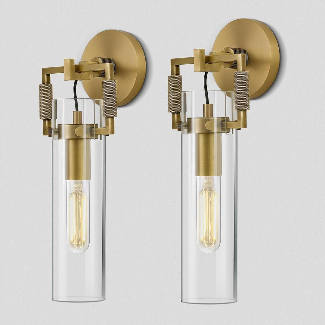 Modern Gold Indoor Wall Sconces Set of 2, 15'' knurled Brass Bathroom Wall Sconces, Glass Bathroom Vanity Light, for Living Room, Bedrooms, Hallway, Staircases, Include Bulb