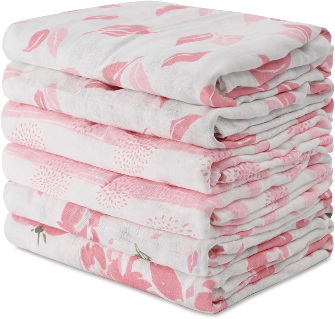 GLLQUEN BABY Receiving Blanket Boy Cotton Muslin Swaddle Blankets Girl Newborn Squares Breathable & Soft Thin Baby Blankets Cloths Double Absorbent Infant Swaddling Wrap - 6 Pack (Flower)