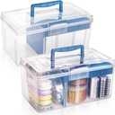 2 Pack Plastic Dividing Storage Box, 2 Layer Multipurpose Craft Organizer and Storage Box with Removable Tray Handle, Portable Art Supply Container for Bead, Tool, Sewing