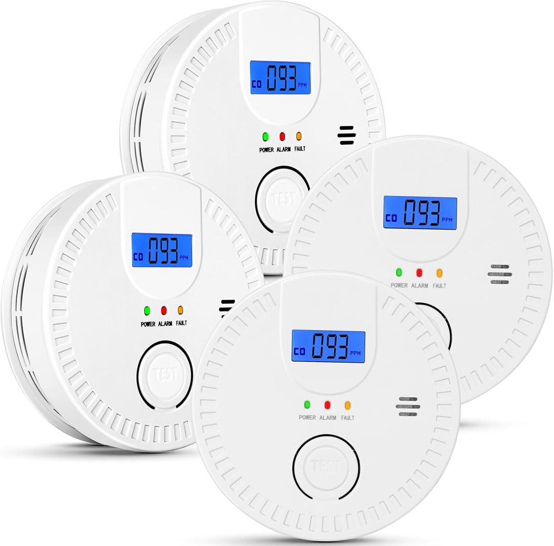 4 Packs, 2 in 1, Smoke and Carbon Monoxide Detector, Smoke Detector Carbon Monoxide Detector Combo,85db Alarm, Digital Display, with Battery, Easy to Install