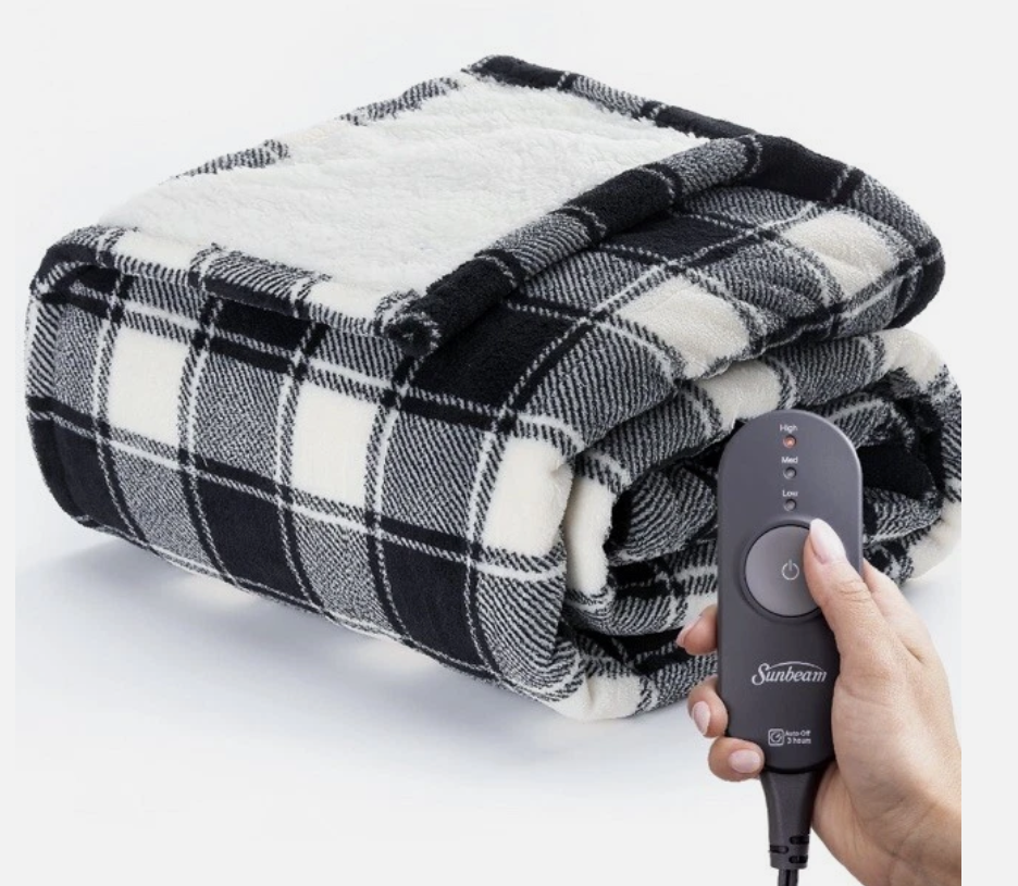 Sunbeam Microplush Sherpa Electric Heated Throw Blanket-Black/White Plaid 60×70"