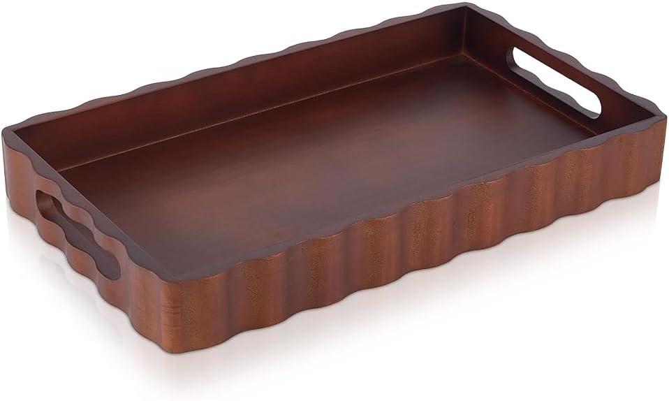 MAYJOYDIY Wooden Serving Tray with Handle 15.7 x 9.2 x 2 Inch Rectangle Wood Decorative Tray Cloud Shape Serving Platter for Afternoon Tea Cosmetics Coffee Cup Aromatherapy Toiletries