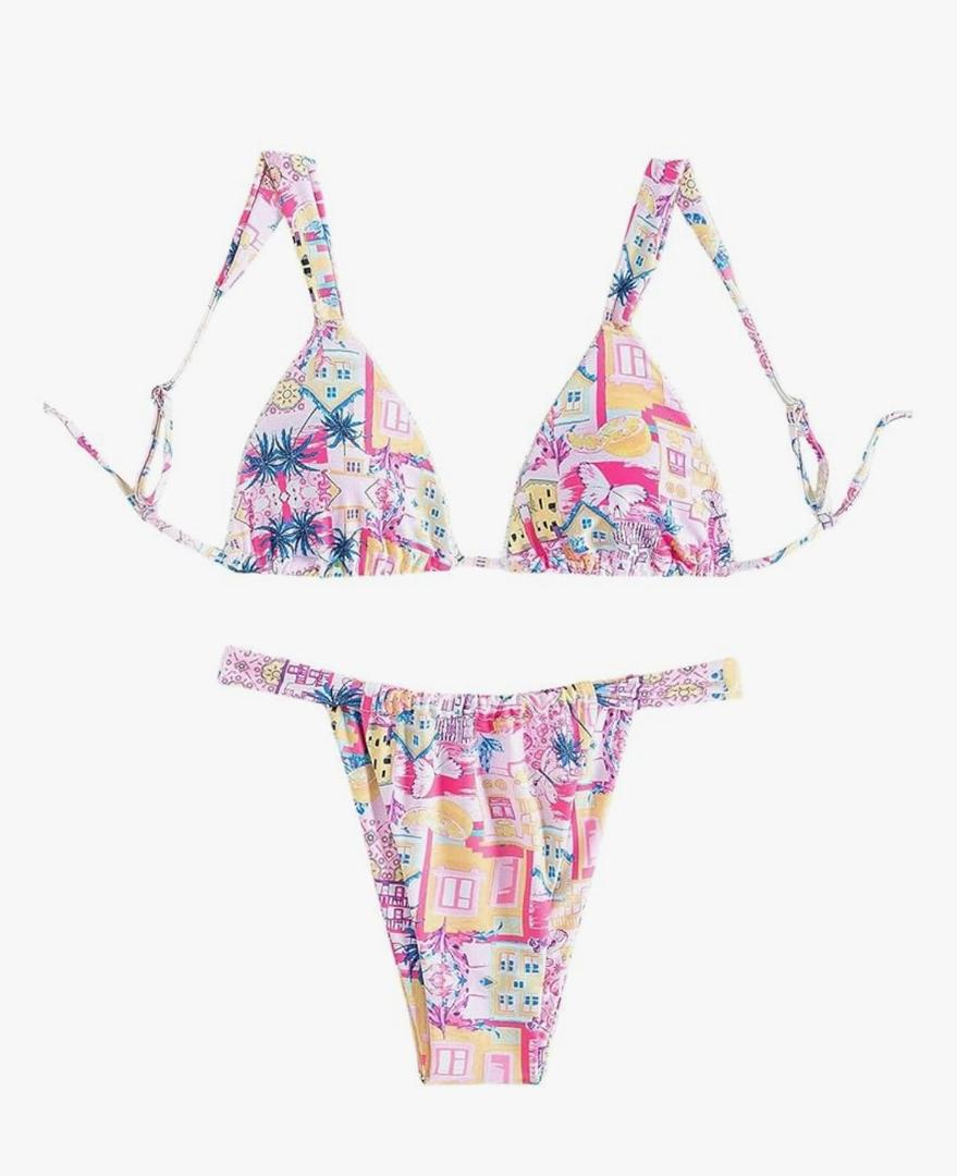 Generic Women's High Waisted Bikini Set Floral Print Spaghetti Strap Smocked Wireless Bathing Suit Swimsuit 2 Piece Set, M