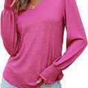 Dokotoo Women's Casual Long Sleeve Shirts Shirred Shoulders Solid Color Knit Tops Blouses (Pink, XL)