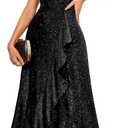 BeryLove Women Sequin Formal Party Dress Flutter Short Sleeve Wedding Cocktail Long Evening Dress (Medium, Black)
