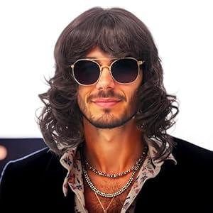 MEDISIFA Brown Mullet Wig with Bangs 70s Disco Party Mens Wig Long Curly Men Wigs for Man Male Hippie Rocking 80s Them Party Cosplay Costume Anime Heat Resistant Synthetic Hair Wig With Cap