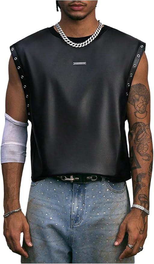 Verdusa Men's Punk Grommet Tank Top Rave Club Sleeveless Going Out Tops Black X-Large