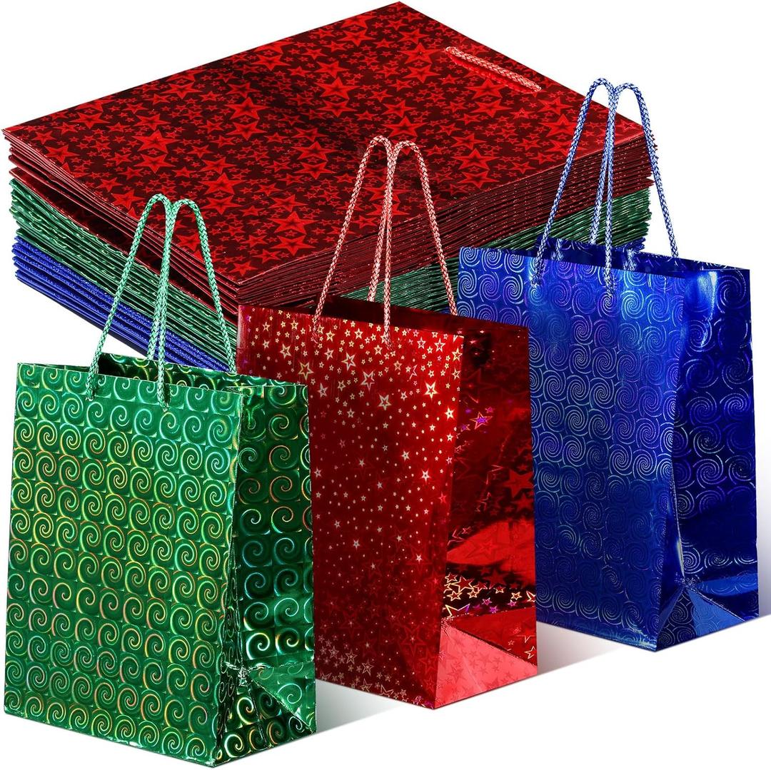 30 Pcs Christmas Bags Gift Medium Size Bulk Metallic Foil Shiny Glitter Christmas Wrap Gift Bags 7x9 in Holographic Iridescent Xmas Goodie Treat Tote for Xmas Holiday Party Favor Packaging (Red,Green,Blue)