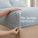 KKJIAF 4 Pieces Plaid Ruffle King Size Sheets Set, Cotton Gingham King Sheet Set Linen Feel Comfy Breathable Ruffed Plaid Bed Sheet Set with 16 Inch Deep Pocket, Dusty Blue