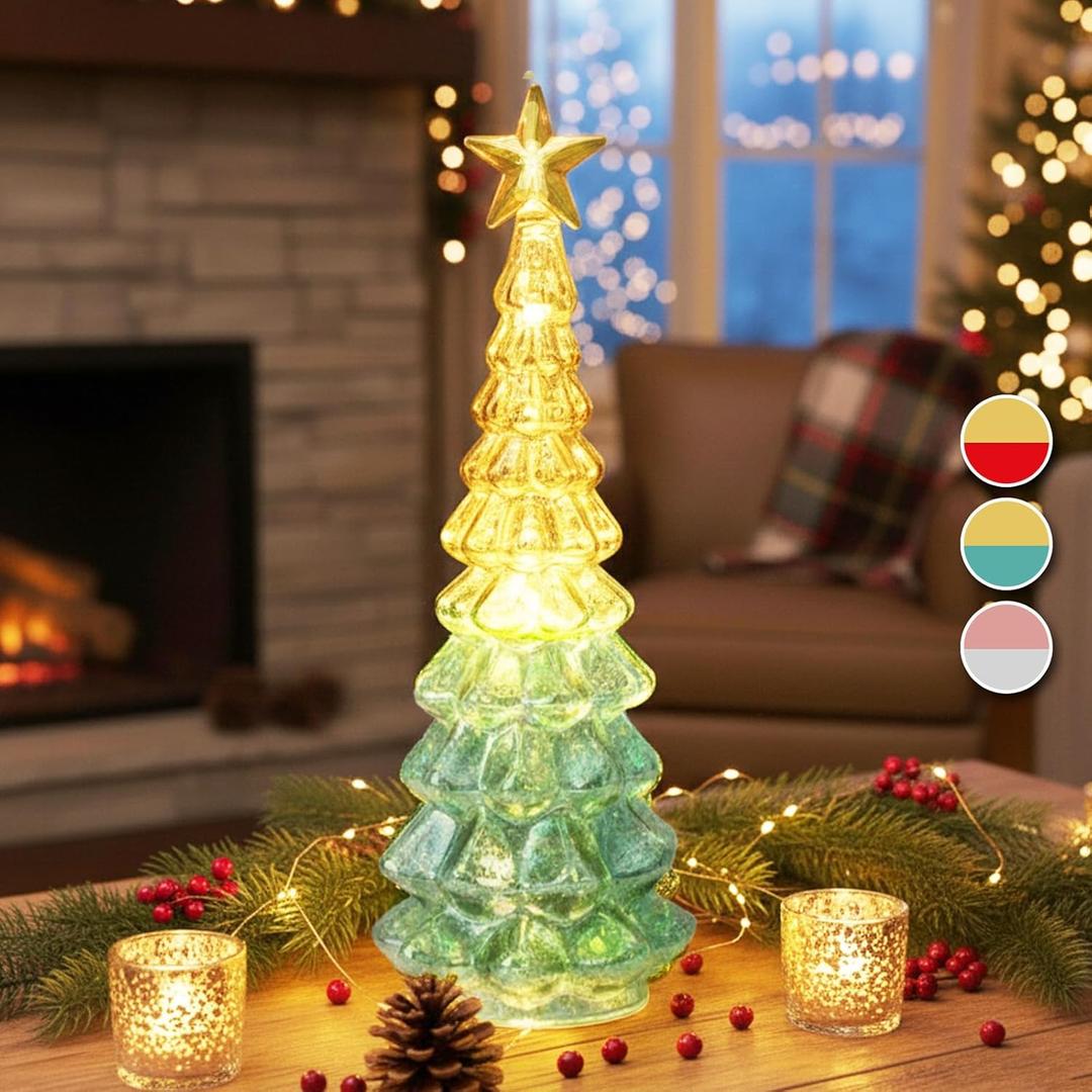 Light Up Mercury Glass Christmas Tree with Timer, Battery Operated Tabletop Christmas Tree with Sparkling Glitter for Christmas Holiday Decoration, Festive Decor Gift with Led Light (Gold & Green)