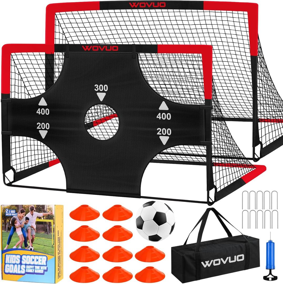 Kids Soccer Goals for Backyard Set of 2, 6x4 ft Portable Toddler Soccer Goal Training Equipment with Soccer Target, Ball, Cones, Soccer Net for Kids Age 3-5 6-8 8-12 10-12-14 Outdoor Sports Games Gift (Black Red)