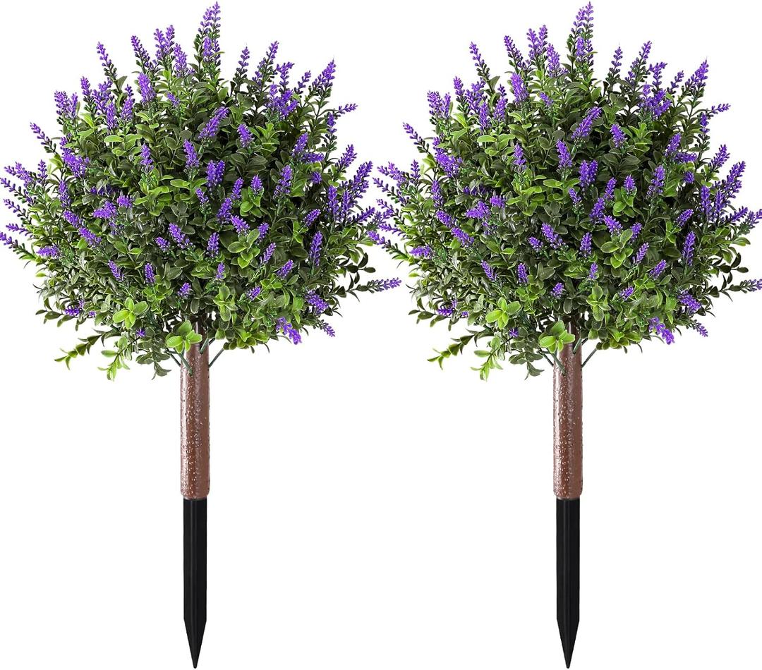 23.6" Artificial Lavender with Boxwood Topiary Ball, 2 Pack UV Resistant Artificial Shrubswith Ground Spikes, Indoor and Outdoor Fake Evergreen Tree for Porch, Garden, Front Door Decoration
