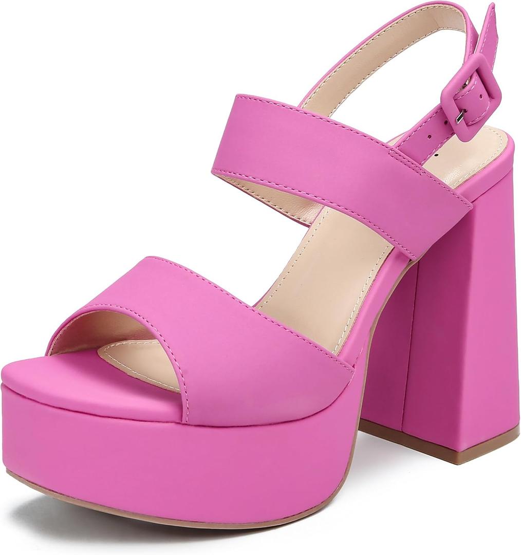risdoada Platform Heels for Women 4.53 Inches Chunky High Heels Ankle Strap Square Toe Heeled Sandals Wedding Party Wedges Pumps (Rose Red, 8.5 US)
