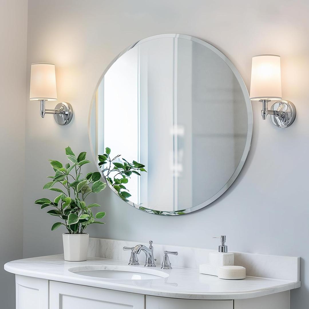 30" Round Frameless Wall Mirror, Frameless Circle Mirror for Over Sink, Beveled Edge, Simple & Elegant Look (Silver 1 Pack)