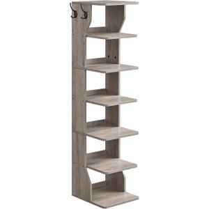 VASAGLE 7-Tier Vertical Shoe Rack, Narrow Shoe Storage Organizer with Hooks, Slim Corner Tower Shelf, Space-Saving for Entryway and Bedroom, Heather Greige ULBS200L01
