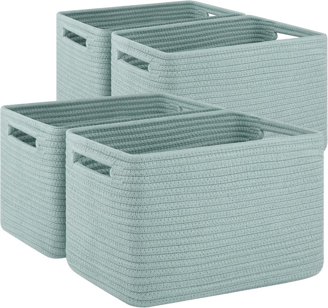 4 Pack Storage Baskets for Organizing Toys, Towels, and Clothes, Woven Basket for Shelves, Sturdy Nursery Cube Bins for Storage, 13''L x9''W x7.8''H, Frosty Green