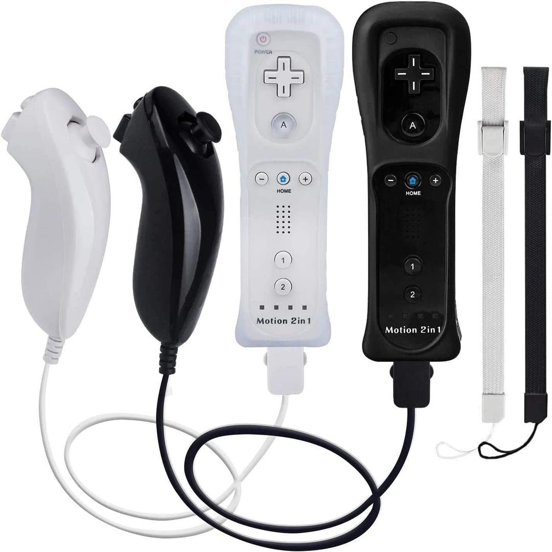TechKen Motion Plus Wii Controllers 2Packs with Nunchucks, Wii Remote Controllers Compatible for wii and Wii U with Built in Motion Plus (Black&White)