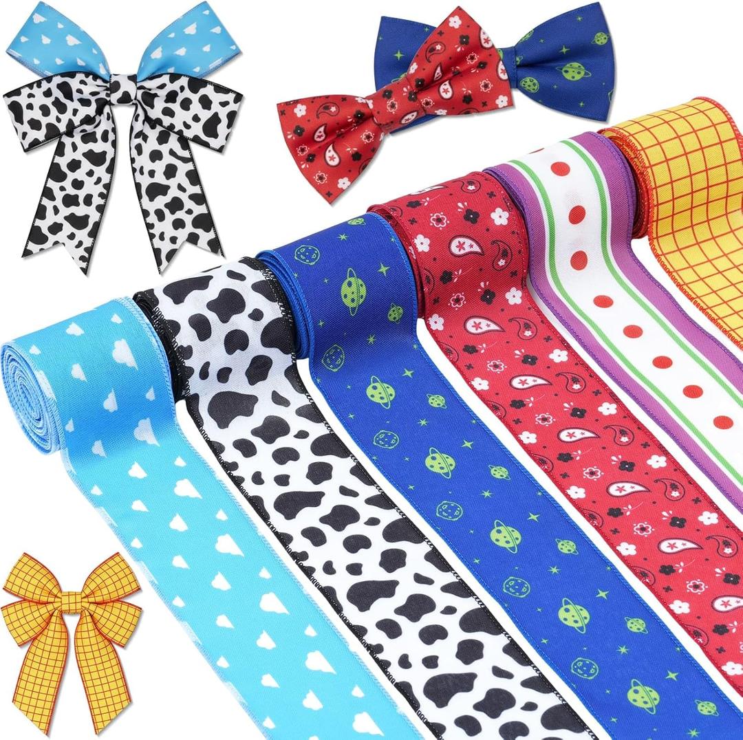 6 Rolls 30 Yards Cartoon Story Wired Edge Ribbon 2.5 Inch Cow Print Checkered Polka Dots Cloud Star Paisley Burlap Printed Fabric for Gift Wrapping Craft Bow Making Supplies