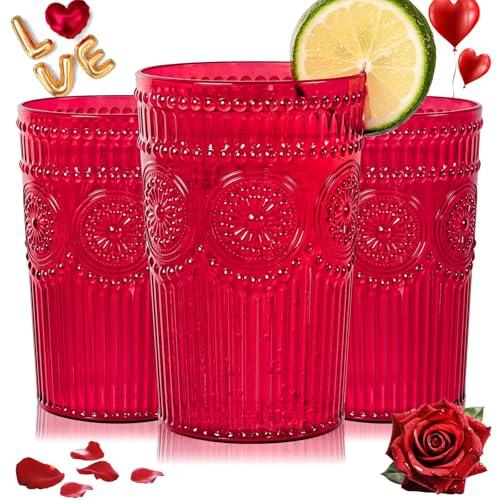 Ciaell 12 Pack Romantic Plastic Water Glasses - 14 Oz Red Vintage Drinking Glasses, Embossed Ribbed Plastic Cups, Textured Striped Set for Juice, Beverages, Beer, Cocktail & Valentine's Day