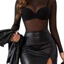 Mesh Top for Women Long Sleeve Mock Neck Mesh Shirt Sheer Top Solid Floral Tee Shirts S-XXL (Black, S)