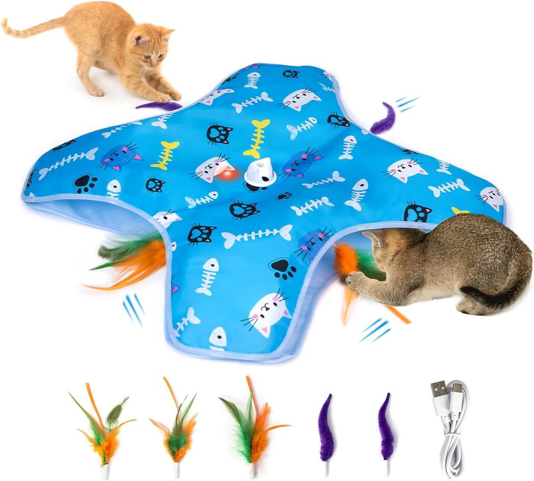 Interactive Cat Toy - Automatic Cat Toys Rechargeable for Indoor - Hide&Seek Cats Toy with 5 Moving Concealed Feathers - Touch Kitten Toy Exercise - Enrichment Toys Bored Cats(Blue) - 3 Speed Adjust